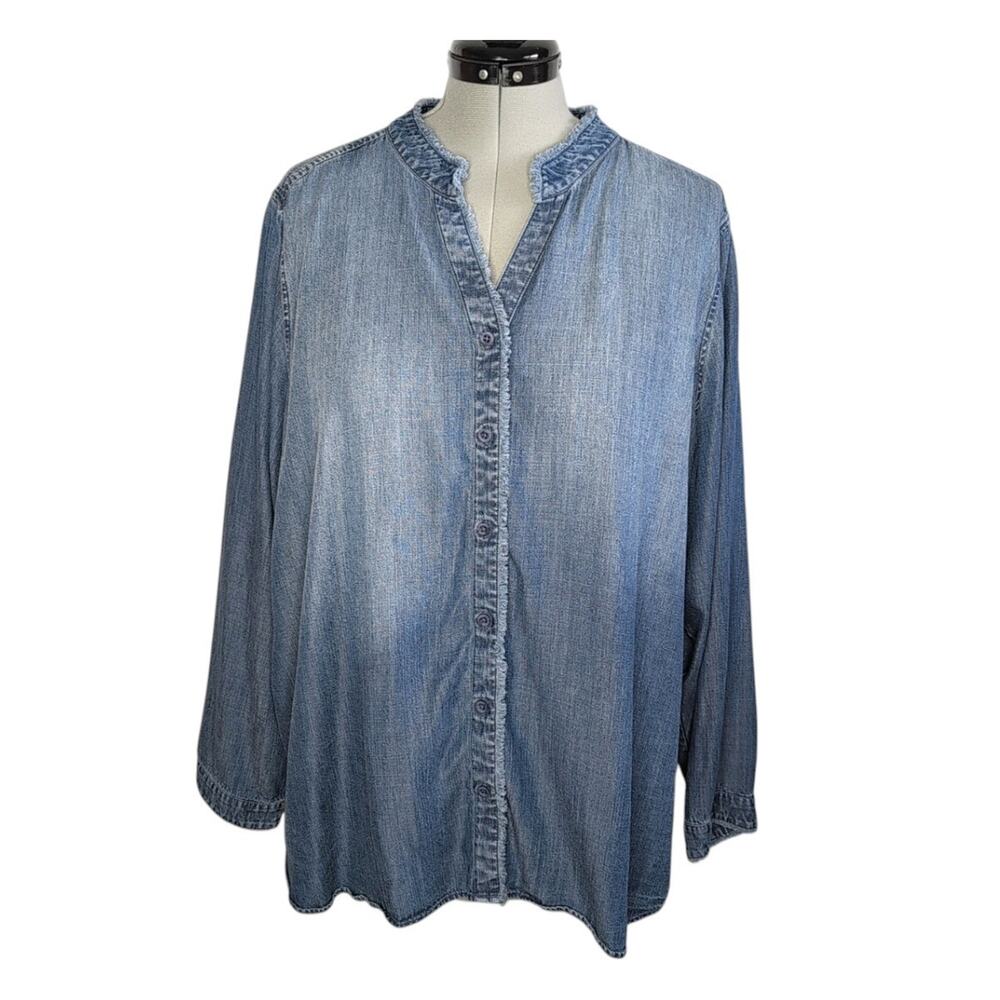 Side Stitch Blue Lyocell Button Front Top with Frayed Edges, size 3X